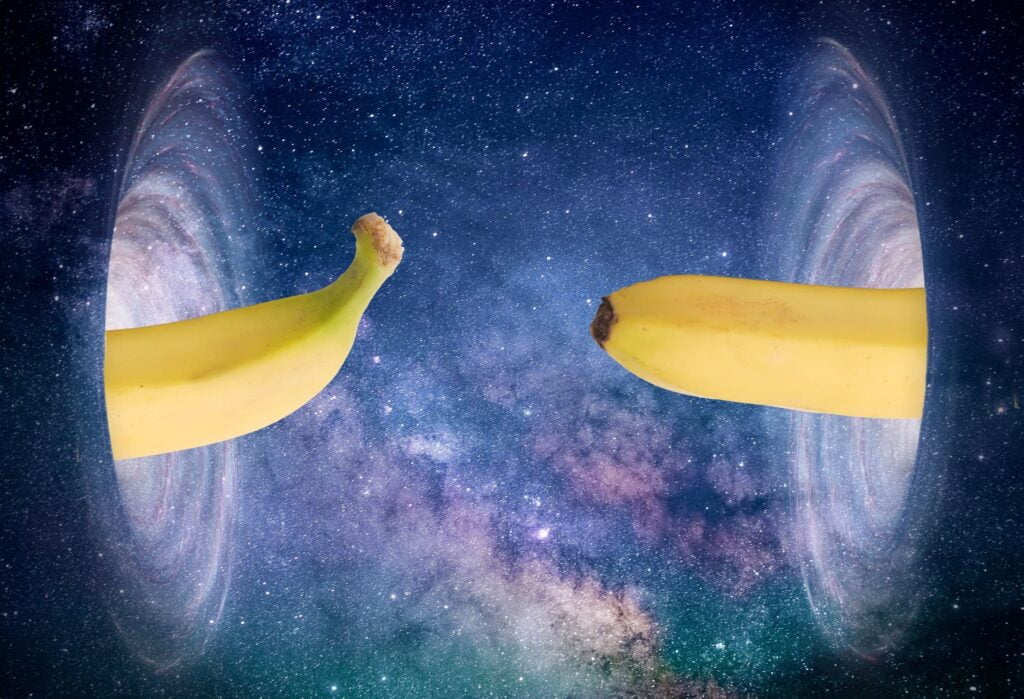 Une banane en pleine téléportation dans l'espace.